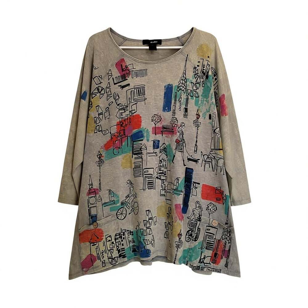 Ali Miles Tunic w Button Pockets, Dogs, Bikes, NYC?, Multicolor Abstract City